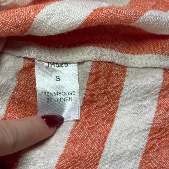 Coral and White Striped Babydoll top with Blue Detailing and Side Ties (Size S) - Picture 7 of 7